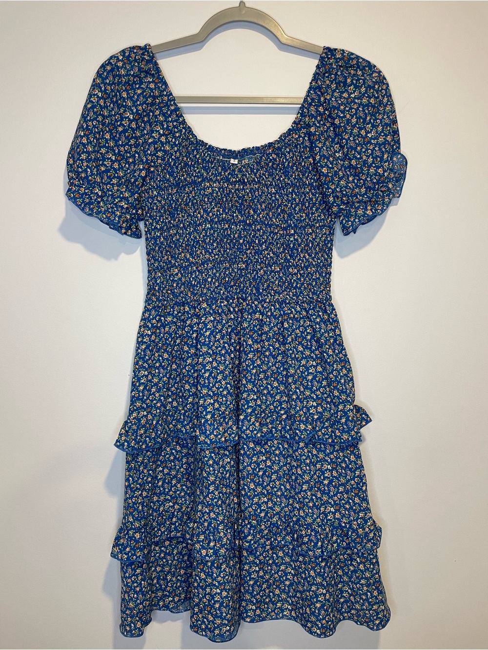 Blue Floral Smocked Tiered Midi Dress